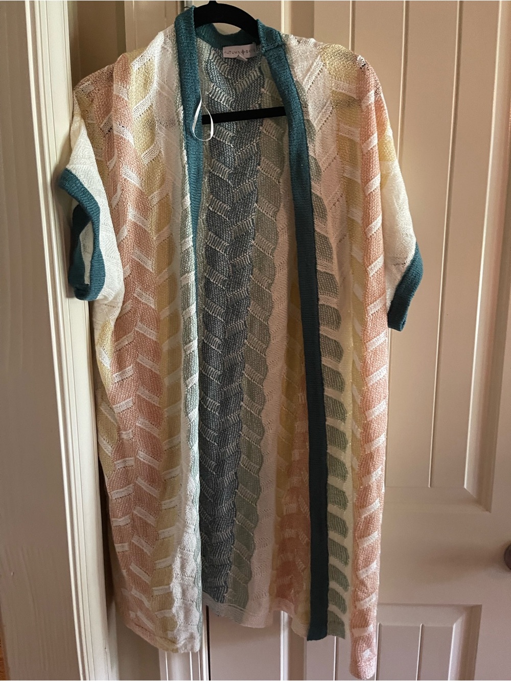 Lightweight Open Knit Duster with Teal Trim